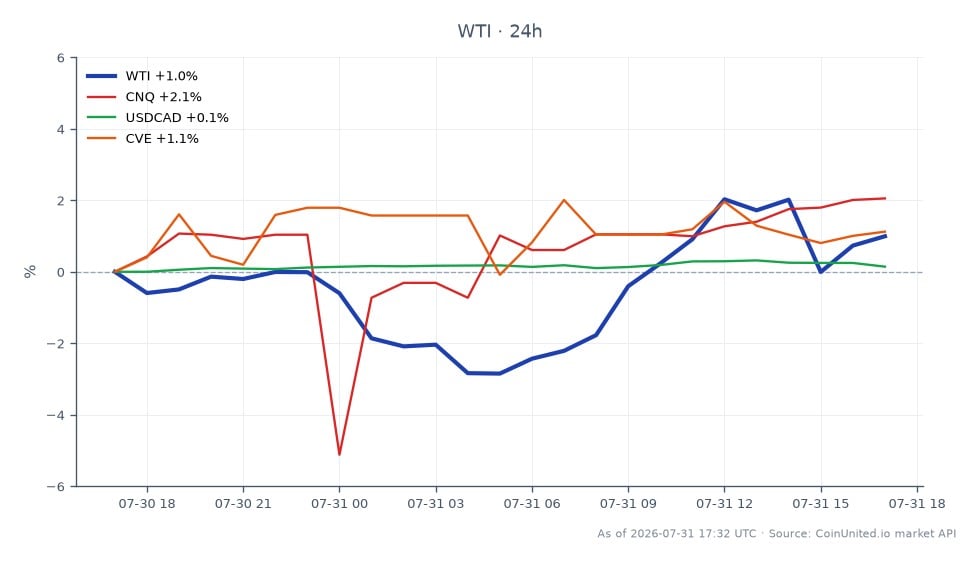 El gráfico muestra el rendimiento del Petróleo Crudo Ligero WTI durante las últimas 24 horas, mostrando un precio de apertura de $84.125 y un precio de cierre de $84.895, lo que representa un aumento del 0.92%. El precio más alto alcanzado fue $85.935, mientras que el más bajo fue $81.215, lo que indica una sesión de negociación volátil. En mercados relacionados, Canadian Natural Resources (CNQ) experimentó un aumento del 2.23%, Cenovus Energy (CVE) subió un 1.39%, y el tipo de cambio USDCAD experimentó un ligero aumento del 0.15%. El mejor rendimiento en este análisis intermercado es CNQ, con la mayor ganancia porcentual entre los activos relacionados. Los traders deben tener en cuenta estos movimientos, ya que pueden influir en las posiciones apalancadas en el sector energético.