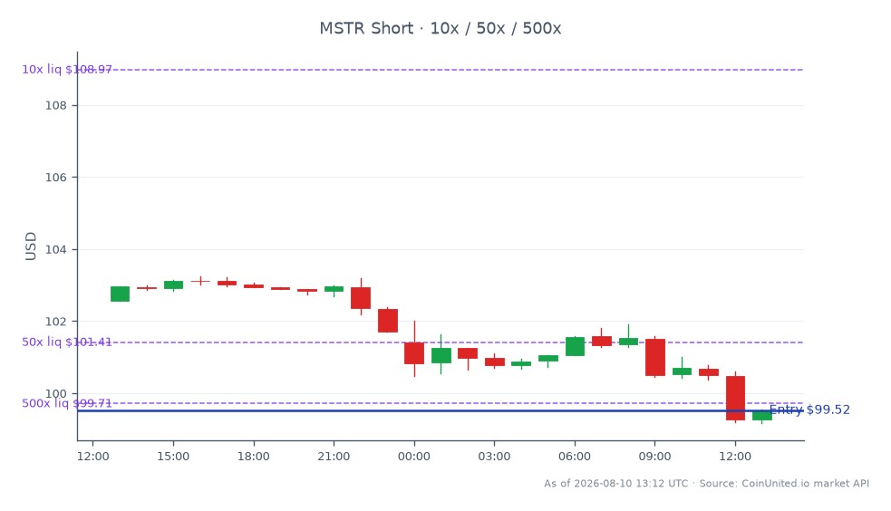 MSTR 在过去 24 小时内的交易活动图表，重点关注其表现。MSTR 开盘价为 102.565 美元，收盘价为 99.52 美元，下跌 2.97%。在此期间，该股票触及高点 103.245 美元，低点 99.175 美元，表明其价格走势波动。在杠杆交易方面，空头头寸以收盘价 99.52 美元进入，提供 10 倍、50 倍和 500 倍的杠杆选项。这一策略对于关注比特币 (BTC) 和 MSTR 之间相互作用的交易者尤其重要，尤其是在将 1,638 枚 BTC 兑换成 1.047 亿美元回购之后，这可能会显著影响市场动态。交易者应密切关注这些动向，因为它们可能会影响 BTC 和 MSTR 的杠杆头寸。