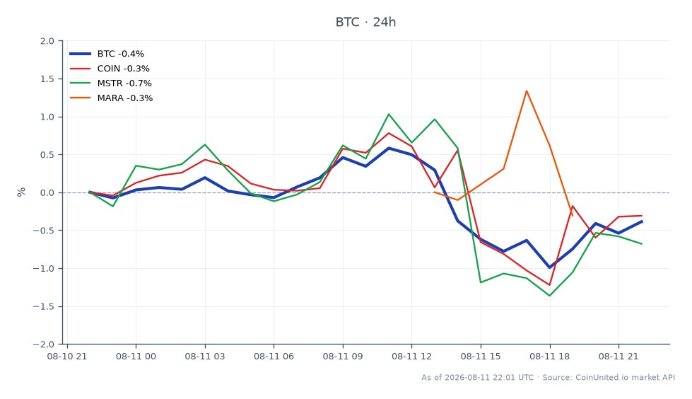 图表展示了比特币 (BTC) 近期与加密货币市场相关股票的表现。比特币开盘价为 63,950.00 美元，收盘价略低于 63,739.00 美元，最高触及 64,469.00 美元，最低跌至 63,212.00 美元，24 小时跌幅为 -0.33%。相比之下，相关资产表现各异：Coinbase (COIN) 下跌 0.52%，MicroStrategy (MSTR) 下跌 0.88%，Marathon Digital Holdings (MARA) 则大幅下跌 4.25%。数据显示，在更广泛的市场下跌中，比特币表现相对稳定，而 MARA 是相关股票中明显表现最差的。