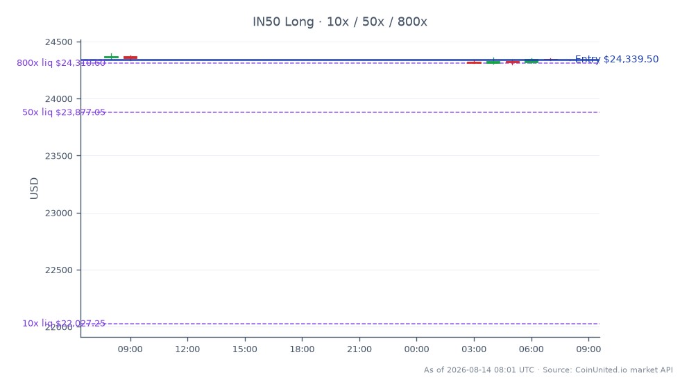 图表显示印度NIFTY 50指数过去24小时的表现，开盘价为24,358.55，收盘价为24,339.5，小幅下跌0.08%。在此期间，该指数最高触及24,396.55，最低为24,298.5。在杠杆交易方面，以24,339.5的价格建立了一个做多头寸，杠杆倍数分级设置为10倍、50倍和800倍。数据显示市场环境稳定，指数表现中没有显著的领涨或领跌板块。总体而言，Elgi Equipments报告营收增长8%，税前利润（PBT）增长18%，这可能影响更广泛市场的投资者情绪。