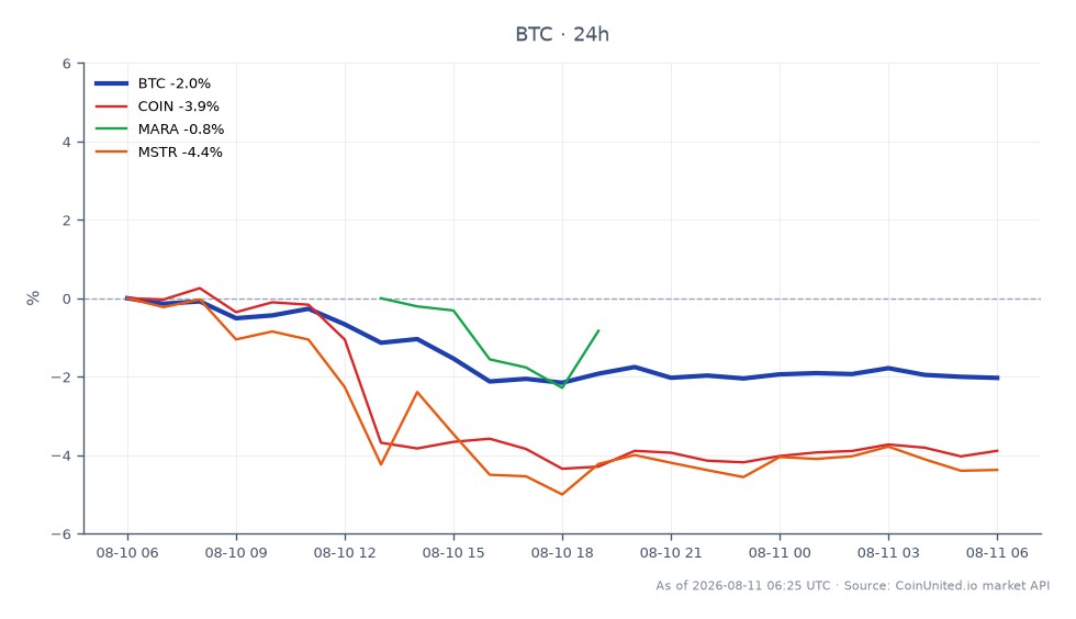 图表展示了比特币 (BTC) 以及加密领域相关股票的近期表现。比特币开盘价为 $65,126.00，收盘价为 $63,948.00，过去 24 小时下跌 1.81%。在此期间，加密货币触及高点 $65,348.00，低点 $63,789.00，显示出显著波动性。相比之下，相关股票也出现明显下跌，Coinbase (COIN) 下跌 3.63%，Marathon Digital Holdings (MARA) 下跌 3.82%，MicroStrategy (MSTR) 下跌 3.91%。这表明加密货币市场和相关股票呈现同步下跌趋势，其中比特币在所显示资产中跌幅居前。