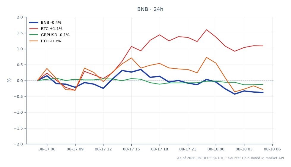 The chart displays the performance of Binance Coin (BNB) over the last 24 hours, showing an opening price of $606.70 and a closing price of $603.60, reflecting a decrease of 0.51%. The highest price reached during this period was $608.30, while the lowest was $602.50. In comparison, Bitcoin (BTC) experienced a positive change of 1.06%, while Ethereum (ETH) saw a decline of 0.48%. The GBP/USD currency pair also dropped slightly by 0.1%. In a leveraged trading scenario, if a trader entered a position at $603.60 with a leverage of 10x, the liquidation price would be approximately $598.60, assuming a margin requirement of 10%. This indicates a cautious market sentiment towards BNB, with BTC showing relative strength as a leader in this cross-market analysis, while BNB lags behind with its slight decline.