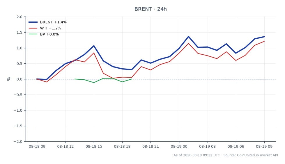 O gráfico ilustra o desempenho recente do Petróleo Brent, que abriu em $89.205 e fechou em $90.34, marcando um aumento de 1,27% nas últimas 24 horas. O preço flutuou entre uma mínima de $88.97 e uma máxima de $90.665 durante este período. Em comparação, o Petróleo WTI teve um aumento de 1,13%, enquanto o preço das ações da BP sofreu uma leve queda de 0,14%. Esses dados indicam que o Petróleo Brent é o claro líder em desempenho entre as commodities, enquanto a BP está ficando para trás no mercado de ações.