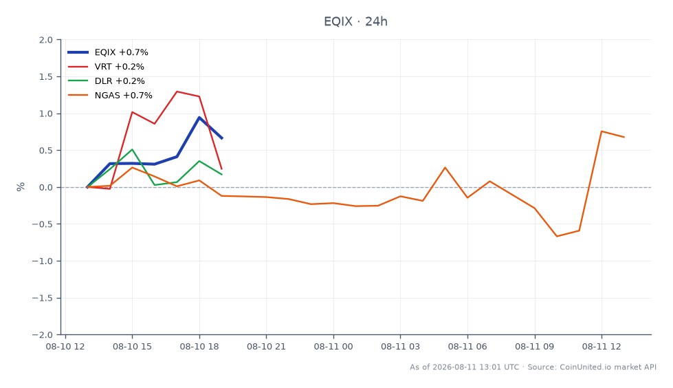图表显示Equinix, Inc. (EQIX) 过去24小时的表现，开盘价为1,034.995美元，收盘价为1,042.67美元，上涨0.74%。在此期间，该股最高触及1,048.58美元，最低为1,033.25美元。相比之下，相关股票表现各异：VRT下跌1.76%，DLR下跌0.32%，而NGAS上涨1.84%。数据显示，EQIX在此跨市场分析中处于领先地位，显著跑赢相关股票。