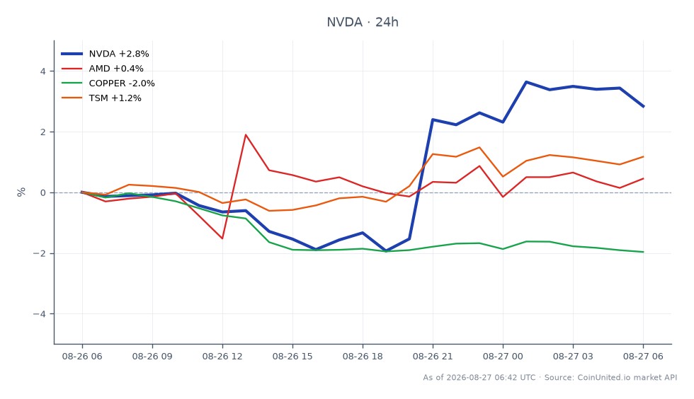 輝達公司（NVDA）財報發布後的近期表現圖表。NVDA開盤價為213.925美元，收盤價為219.985美元，在過去24小時內上漲了2.83%。該股在此期間的最高價為222.215美元，最低價為203.6美元。相比之下，AMD小幅上漲0.66%，台積電（TSM）上漲1.15%。相反地，銅價下跌2.43%，顯示商品市場相較於輝達的強勁表現有所滯後。對於考慮在當前219.97美元價位進行槓桿交易的交易者而言，應根據個人風險承受能力和市場狀況仔細評估進場點和清算價。
