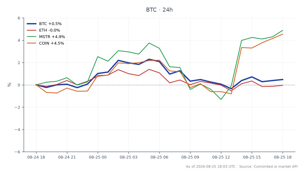图表展示了比特币（BTC）在过去 24 小时内的关键指标表现。比特币开盘价为 78,735 美元，收盘价为 79,277 美元，价格上涨了 542 美元。在此期间的最高价为 81,259 美元，最低价为 78,101 美元，涨幅为 0.69%。相比之下，以太坊（ETH）小幅上涨 0.17%，而 MicroStrategy（MSTR）大幅上涨 4.84%。Coinbase（COIN）表现也良好，上涨了 3.84%。值得注意的是，MSTR 在百分比涨幅方面领先于相关资产，表明其市场动能强于 BTC 和 ETH。