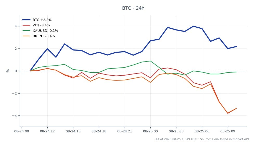 图表展示了在美国制裁伊朗整个加密货币行业背景下，比特币（BTC）近期的表现。在过去24小时内，比特币开盘价为77,541美元，最高触及81,259美元，最低跌至77,435美元，最终收于79,302美元，上涨2.27%。相比之下，相关市场出现下跌，西德克萨斯中质原油（WTI）下跌3.11%，布伦特原油下跌3.27%，黄金（XAUUSD）小幅下跌0.16%。数据显示，尽管比特币表现出韧性并录得正增长，但更广泛的大宗商品市场正经历下行压力，这凸显了比特币在此背景下的相对强势。专注于BTC和USDT杠杆头寸的交易者应仔细考虑这些变动，特别是考虑到制裁的地缘政治影响。