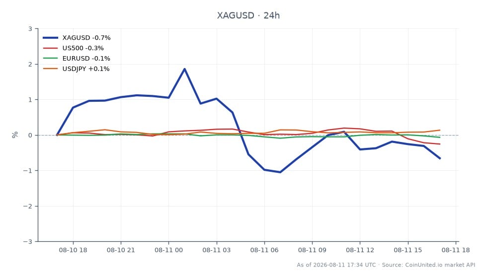 The chart displays the performance of Silver (XAGUSD) against the US Dollar over the last 24 hours. Silver opened at $64.9295 and closed at $64.692, marking a decrease of 0.37%. The highest price reached during this period was $66.4825, while the lowest was $64.2335. In the broader market context, the S&P 500 (US500) experienced a decline of 0.29%, the Euro to US Dollar (EURUSD) decreased by 0.11%, and the USD to Japanese Yen (USDJPY) saw a slight increase of 0.2%. This indicates that while Silver has shown a minor decline, the S&P 500 is also underperforming, making it a laggard in this cross-market scenario. Traders should consider these movements when planning leverage strategies for metals trading, especially with the upcoming CPI data release.