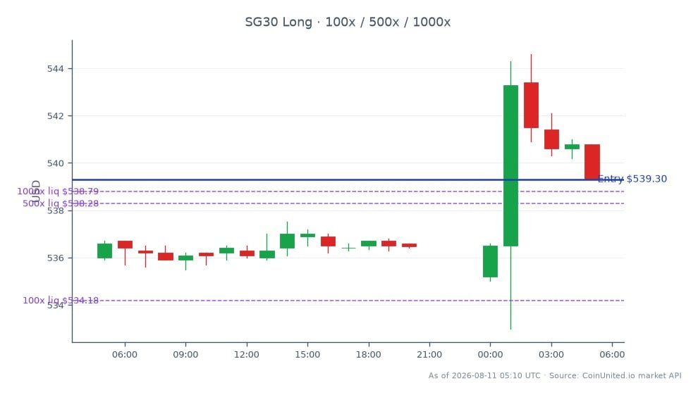 The chart illustrates the performance of the MSCI Singapore Free Index (SG30) over the last 24 hours. The index opened at 536.0 and closed at 539.3, marking a 0.62% increase. The highest point reached was 544.6, while the lowest was 533.0. This performance indicates a stable upward trend within the trading session. For leveraged trading, a long position was entered at 539.3, with tiered investments of 100, 500, and 1000 units. No significant leaders or laggards were identified in this specific market context, as the index showed consistent growth without notable divergences from other indices.