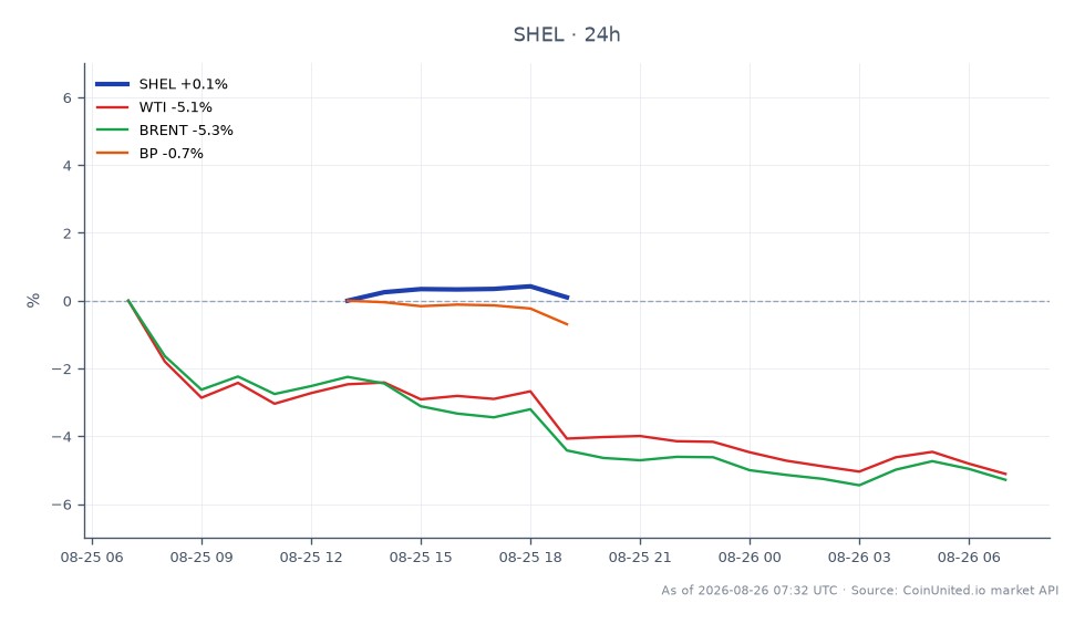 シェルPLC（SHEL）の過去24時間のパフォーマンスを示すチャート。始値は92.43ドル、終値は92.215ドルで、0.23%の下落となった。この期間の最高値は92.705ドル、最安値は91.97ドルだった。比較として、関連するコモディティや株式も下落しており、WTI原油は4.84%、ブレント原油は4.92%、BP（英国石油）は1.32%下落した。これはエネルギーセクター全体で弱気なトレンドを示しており、シェルは相対的な強さを見せたものの、終値は下落した。原油価格の著しい下落は、シェルのパフォーマンスに影響を与え、エネルギー株に影響を与える広範な市場状況を反映している可能性がある。
