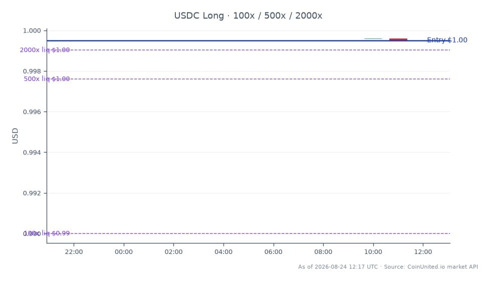 圖表顯示 USDC 在加密貨幣市場 24 小時內的表現。USDC 開盤價和收盤價均為 0.9995,最高價為 0.9996,最低價為 0.9995,過去 24 小時內百分比變動為零。槓桿部分顯示多頭倉位入場價為 0.9995,分級槓桿水平設定為 100、500 和 2000。這些數據反映了 USDC 的穩定表現,沒有顯著波動,表明在 SBI 以 10 億美元估值投資 Fasset 6,800 萬美元的更廣泛背景下,市場需求持續存在,這可能會影響穩定幣格局。