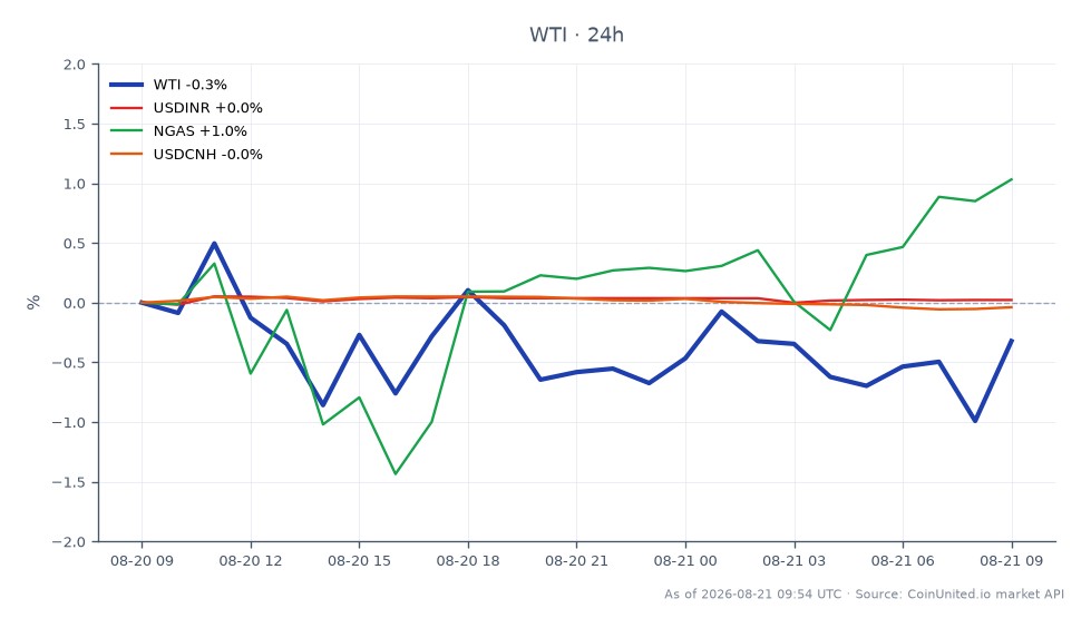 WTI轻质原油近期表现图，以及相关金融工具。WTI开盘价为86.36美元，收盘价略升至86.485美元，过去24小时小幅上涨0.14%。价格在区间内波动，期间最高触及87.635美元，最低为85.72美元。相比之下，美元兑人民币汇率小幅上涨0.02%，而天然气（NGAS）则显著上涨1.13%。相反，美元兑人民币汇率小幅下跌0.04%。数据显示，WTI相对稳定，而NGAS在相关市场中百分比变动最为突出。这些信息对于关注大宗商品和能源股杠杆头寸的交易者至关重要，尤其是在伊朗对华石油供应动态变化的背景下。