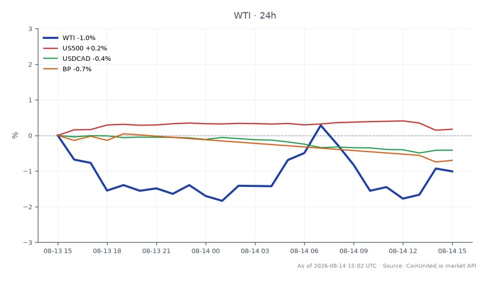 图表展示了WTI轻质原油在过去24小时的表现,开盘价为80.40美元,收盘价为80.85美元,价格变动为0.56%。期间最高价达到81.965美元,最低价为79.955美元。相比之下,US500指数小幅下跌0.12%,USDCAD货币对也下跌0.46%。BP股价持平于0.0%。数据显示,在相关市场小幅波动的背景下,WTI保持稳定,表明能源行业和商品市场的杠杆交易策略可能需要关注此区域。