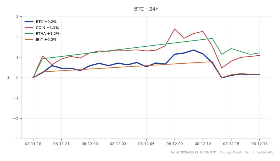 圖表顯示比特幣 (BTC) 與相關資產的近期表現。比特幣開盤價為 63,569.0 美元，收盤價為 63,451.0 美元，在過去 24 小時內小幅下跌 0.19%。此期間的最高價為 64,447.0 美元，最低價為 63,212.0 美元。相比之下，Coinbase (COIN) 上漲 0.88%，以太坊 (ETHA) 上漲 1.28%，iBit (IBIT) 的表現與比特幣相似，下跌 0.19%。數據凸顯了比特幣在相關資產表現參差不齊的情況下相對穩定，其中以太坊在此時間範圍內表現最強。