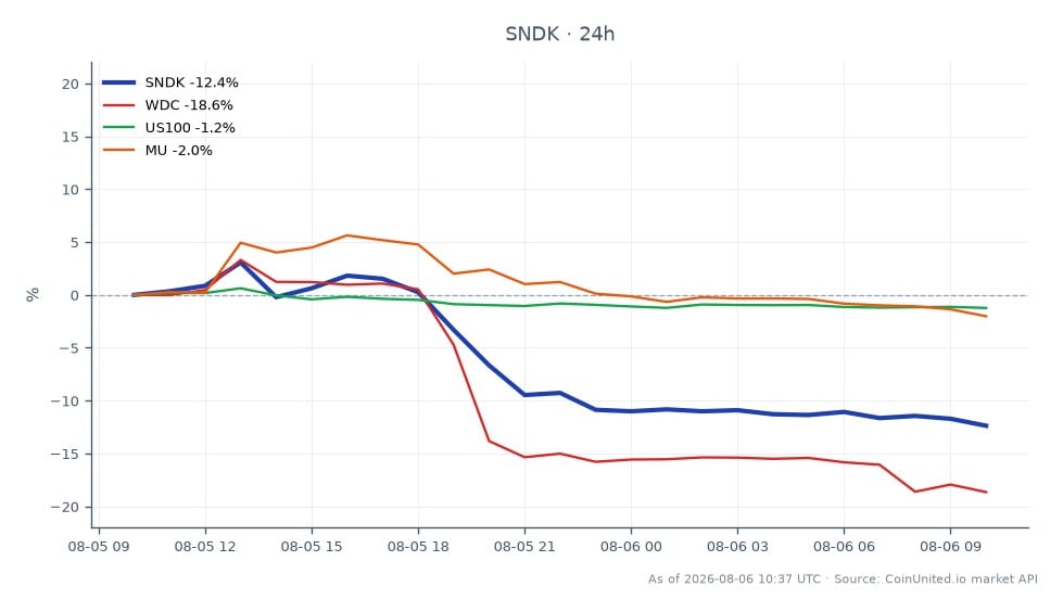 The chart illustrates the recent performance of Sandisk Corporation (SNDK) following its earnings report. The stock opened at 1417.265 and closed significantly lower at 1223.935, marking a decline of 13.64% over the last 24 hours. The intraday high reached 1440.555, while the low dipped to 1194.275. In the context of related stocks, Western Digital Corporation (WDC) experienced a sharper decline of 19.31%, while Micron Technology (MU) fell by 2.46%. The broader market index US100 also saw a minor decrease of 1.22%. This data indicates that SNDK is a laggard in its sector, with notable liquidation zones potentially impacting leveraged positions in the stock and its peers.
