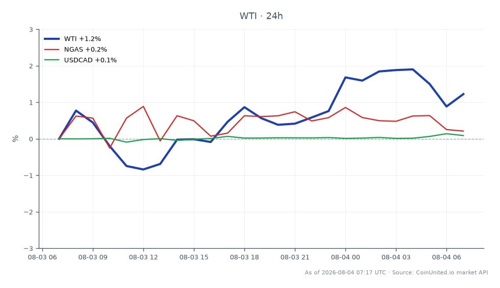 O gráfico ilustra o desempenho do WTI Light Crude Oil nas últimas 24 horas, mostrando um preço de abertura de US$ 79,20 e um preço de fechamento de US$ 80,67. O preço mais alto atingido durante este período foi de US$ 81,435, enquanto o mais baixo foi de US$ 78,495, resultando em uma variação percentual de 1,86%. Em comparação, os mercados relacionados mostram Gás Natural (NGAS) com um leve aumento de 0,23% e o par de moedas USDCAD subindo 0,12%. O WTI é o líder claro nesta análise intermercado, refletindo a maior volatilidade nos mercados de energia devido a tensões geopolíticas que afetam as cadeias de suprimentos.