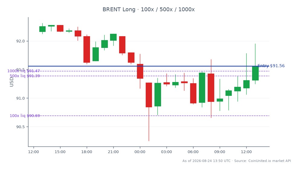 The chart displays the performance of Brent Crude Oil over a 24-hour period. The opening price was $92.16, while it closed at $91.56, reflecting a decrease of 0.65%. During this timeframe, the price reached a high of $92.31 and a low of $90.255. For leveraged trading, a long position was entered at $91.56, with tiered investment levels set at $100, $500, and $1000. The overall market sentiment indicates a slight decline in Brent Crude Oil prices, with no significant leaders or laggards noted in related commodities.