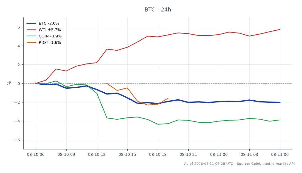 The chart depicts Bitcoin's recent price movement, showing an opening price of $65,126.0 and a closing price of $63,948.0, resulting in a 24-hour percentage change of -1.81%. During this period, Bitcoin reached a high of $65,348.0 and a low of $63,789.0, indicating significant volatility. In comparison, WTI crude oil saw a notable increase of 5.94% in the same timeframe, while Coinbase (COIN) and Riot Blockchain (RIOT) experienced declines of 3.63% and 3.14%, respectively. This data highlights Bitcoin's underperformance relative to WTI, which emerged as a clear leader in this cross-market analysis. The substantial $213 million BTC sale strategy and geopolitical factors contributed to a liquidation cascade in the crypto market, impacting traders' positions significantly.