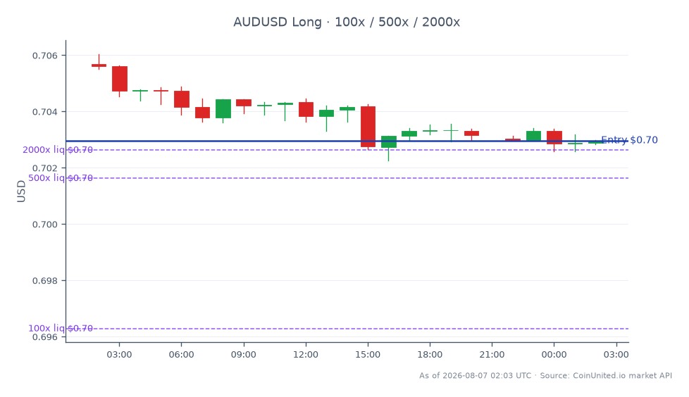호주 달러(AUD)와 미국 달러(USD) 간의 24시간 동안의 성과를 보여주는 차트입니다. AUD/USD 환율은 0.705685로 시작하여 0.702965로 마감하여 0.39% 하락했습니다. 이 기간 동안 환율은 최고 0.70604, 최저 0.70227을 기록했습니다. 표시된 레버리지 전략은 롱이며, 진입 가격은 0.702965로 설정되었습니다. 이 포지션의 레버리지 티어는 100, 500, 2000으로 시장 움직임에 대한 다양한 수준의 노출을 제공합니다. 이 데이터는 외환 시장의 현재 가격 동향을 반영하며, 미국 달러 대비 AUD의 최근 약세를 강조합니다.
