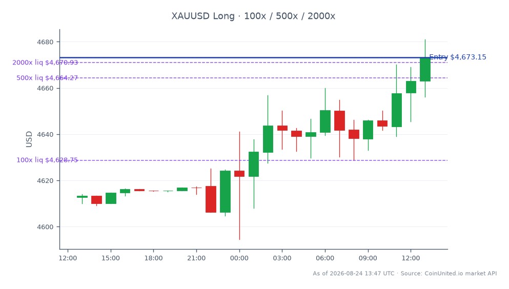 過去24時間の米ドルに対する金（XAUUSD）のパフォーマンスを示すチャート。市場は4612.65で始まり、4673.145で終了し、1.31%の上昇を記録しました。この期間の最高値は4681.0、最安値は4594.58でした。レバレッジに関しては、ロングポジションが4673.145でエントリーされ、100倍、500倍、2000倍の段階的なレバレッジオプションが利用可能でした。このデータは金市場における強気センチメントを示しており、アグニコ・イーグルによるラディソン・マイニングへの5700万カナダドルでの最近の戦略的投資が、金探査の成長の可能性を示唆している可能性があります。この商品価格の動きに関連して、特に遅れをとっている銘柄は指摘されていません。