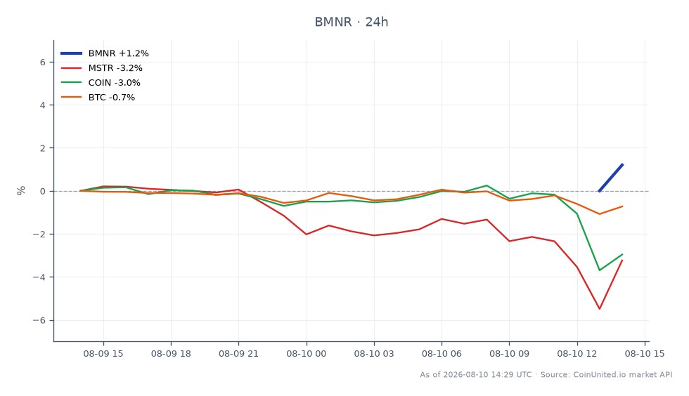 The chart displays the performance of BitMine Immersion Technologies, Inc. (BMNR) over a 24-hour period, showing an opening price of $18.80, a closing price of $18.525, a high of $18.855, and a low of $18.265, resulting in a percentage change of -1.46%. In comparison, related assets show a decline with MicroStrategy Inc. (MSTR) down by 3.27%, Coinbase Global Inc. (COIN) down by 3.0%, and Bitcoin (BTC) decreasing by 0.66%. This indicates that BMNR is underperforming relative to its peers in the crypto and stock markets, suggesting a cautious sentiment among leveraged traders as they navigate these fluctuations.