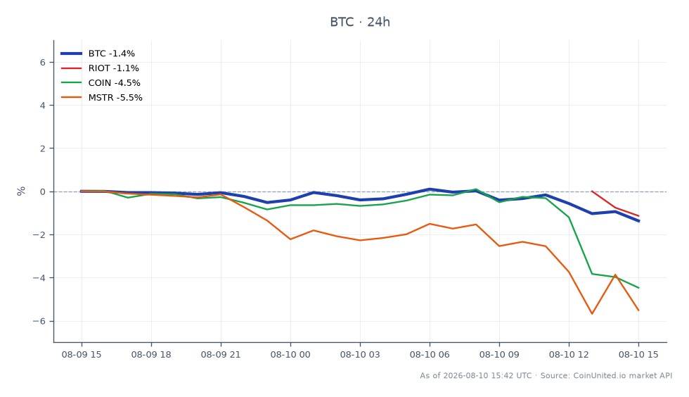 比特币（BTC）及其相关加密货币市场股票的近期表现图表。比特币开盘价为65,238.00美元，收盘价为64,314.00美元，过去24小时下跌1.42%。在此期间，比特币最高触及65,464.00美元，最低跌至64,215.00美元。相比之下，相关股票表现各异：Riot Blockchain (RIOT) 下跌2.69%，Coinbase (COIN) 下跌4.32%，MicroStrategy (MSTR) 下跌5.32%。数据显示，尽管比特币小幅下跌，但相关股票表现更差，凸显了股市相对于比特币下跌的滞后表现。