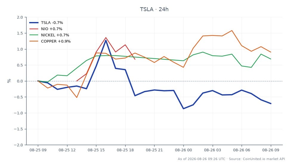 The chart displays the performance of Tesla, Inc. (TSLA) over the last 24 hours, showing an opening price of $351.64 and a closing price of $349.38, reflecting a decrease of 0.64%. The stock reached a high of $356.95 and a low of $348.755 during this period, with a total of 25 candlestick formations indicating trading activity. In comparison, related assets showed varied performance: NIO increased by 1.83%, Nickel rose by 0.93%, and Copper saw a gain of 1.89%. Tesla's decline positions it as a laggard in this cross-market analysis, while NIO stands out as a leader with its positive change percentage.