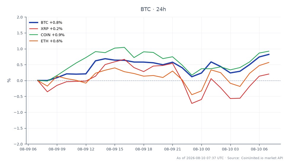 图表展示了比特币（BTC）过去 24 小时的表现，开盘价为 64,823 美元，收盘价为 65,325 美元，涨幅为 0.77%。在此期间，价格在 64,760 美元至 65,464 美元之间波动。相比之下，相关资产表现不一：XRP 下跌 0.15%，而 COIN 和 ETH 分别上涨 0.79% 和 0.56%。这表明 BTC 在加密货币市场中仍表现强劲，而 XRP 则落后。数据显示了当前市场情绪，参议院将 CLARITY 法案推迟至秋季，影响了整体交易策略。