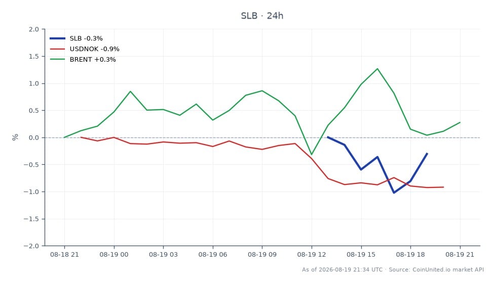 차트는 슐럼버거 리미티드(SLB)의 지난 24시간 동안의 실적을 보여주며, 시가 53.84달러, 종가 53.625달러로 0.4% 하락했습니다. 이 기간 동안 주가는 최고 54.20달러, 최저 53.065달러를 기록했습니다. 관련 시장에서는 USD/NOK 환율이 0.89% 하락했으며, 브렌트유 가격은 0.21% 소폭 상승했습니다. 이 데이터는 SLB가 전반적인 주가 하락에도 불구하고 긍정적인 움직임을 보이는 브렌트유에 비해 현재 실적이 뒤처지고 있음을 나타냅니다. 트레이더는 교차 시장 영향의 맥락에서 레버리지 시나리오를 평가할 때 이러한 역학 관계를 고려해야 합니다.