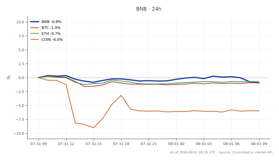 BNBの最近のパフォーマンスを他の仮想通貨と比較したチャート。BNBは593.2ドルで始まり585.2ドルで引け、過去24時間で1.35%下落した。この期間中、コインは最高値595.8ドル、最安値584.4ドルを記録した。比較すると、ビットコイン（BTC）は1.13%、イーサリアム（ETH）は1.1%下落し、コインベース（COIN）は6.61%とより大幅な下落を経験した。このデータは、COINの大幅な下落と比較してBNBの比較的穏やかな下落を浮き彫りにし、BNBが重要なサポートレベルである585ドル付近に近づくにつれて、レバレッジトレーダーにとって懸念材料となる可能性を示唆している。このチャートは現在の市場力学の視覚的表現として機能し、最近の7000万ドルのコールドカード不正流出後のウォレット分散の重要性を強調している。