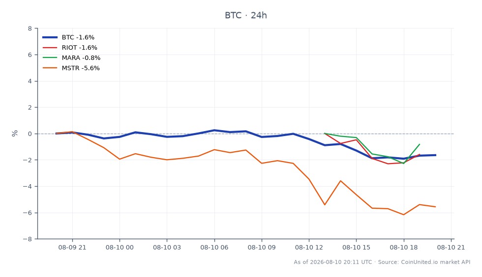 比特币（BTC）近期表现与加密货币行业相关股票的走势图。比特币开盘价为65,156.00美元，收盘价为64,043.00美元，过去24小时下跌1.71%。在此期间，比特币最高触及65,464.00美元，最低跌至63,789.00美元。相比之下，相关股票表现各异：Riot Blockchain (RIOT) 下跌3.14%，Marathon Digital Holdings (MARA) 下跌3.82%，MicroStrategy (MSTR) 下跌5.63%。数据显示，尽管比特币小幅下跌，但相关股票跌幅更大，凸显了与加密货币市场挂钩的股票表现滞后。