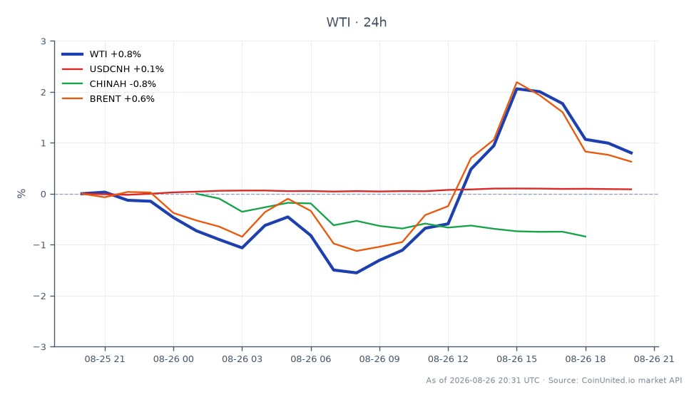 The chart illustrates the performance of WTI Light Crude Oil over the last 24 hours, showing an opening price of $81.055 and a closing price of $81.765, which reflects a 0.88% increase. The price fluctuated between a high of $83.265 and a low of $79.65 during this period. In comparison, the related markets show a slight increase in the USDCNH with a 0.08% change, while CHINAH experienced a minor decline of 0.05%. Brent Crude Oil also saw a positive movement, with a 0.41% increase. Overall, WTI is the clear leader in this cross-market analysis, demonstrating resilience amid varying performances in related assets.
