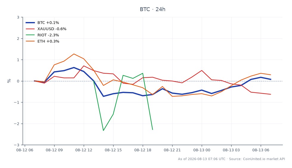 图表展示了比特币（BTC）与其他金融工具的近期表现。比特币开盘价为63,692美元，收盘价为63,853美元，最高触及64,447美元，最低为63,284美元，24小时涨跌幅为+0.25%。相比之下，黄金（XAUUSD）下跌了-0.56%，而Riot Blockchain（RIOT）大幅下跌了-6.46%。以太坊（ETH）上涨了+0.5%。这些数据突显了比特币在不同市场表现中的相对强势，特别是RIOT作为滞后者的表现不佳。美联储FIMA额度的流动性被认为是比特币沉睡流动性的潜在触发器，高杠杆交易者应密切关注。