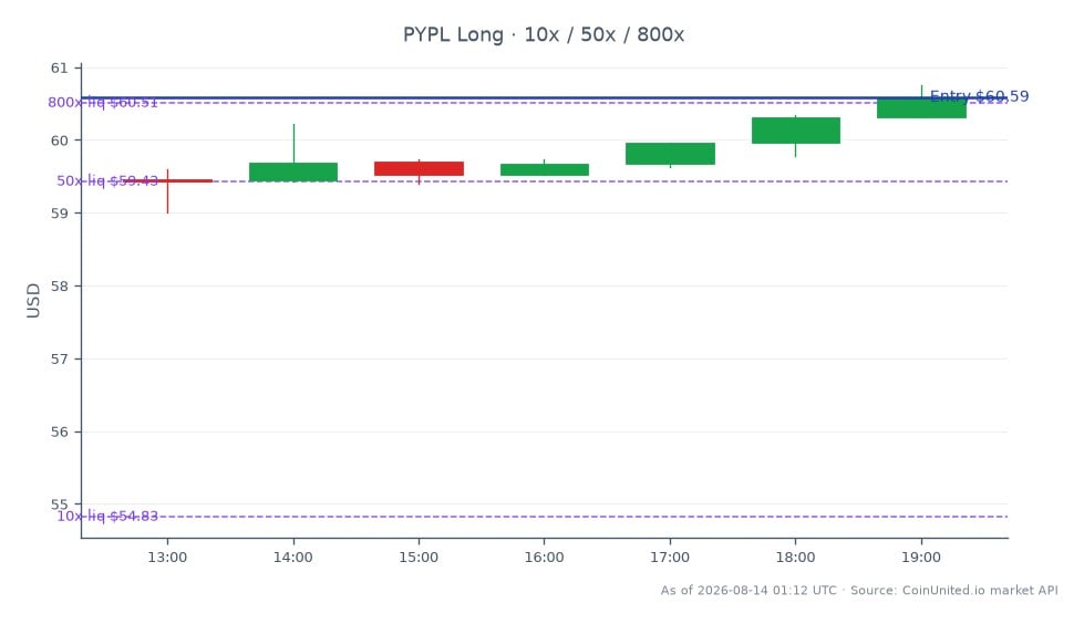 该图表展示了PayPal Holdings, Inc. (PYPL) 在过去24小时内的表现，显示开盘价为59.455美元，收盘价为60.585美元，增长了1.9%。在此期间，股价最高达到60.755美元，最低为59.01美元。在杠杆交易的背景下，以60.585美元的入场价建立了多头头寸，杠杆倍数分为10倍、50倍和800倍。在西部联合以5亿美元收购Intermex的背景下，这些数据表明PayPal呈现积极趋势，这可能会影响支付行业。在此次特定的市场比较中，未发现明显的领涨或领跌者。