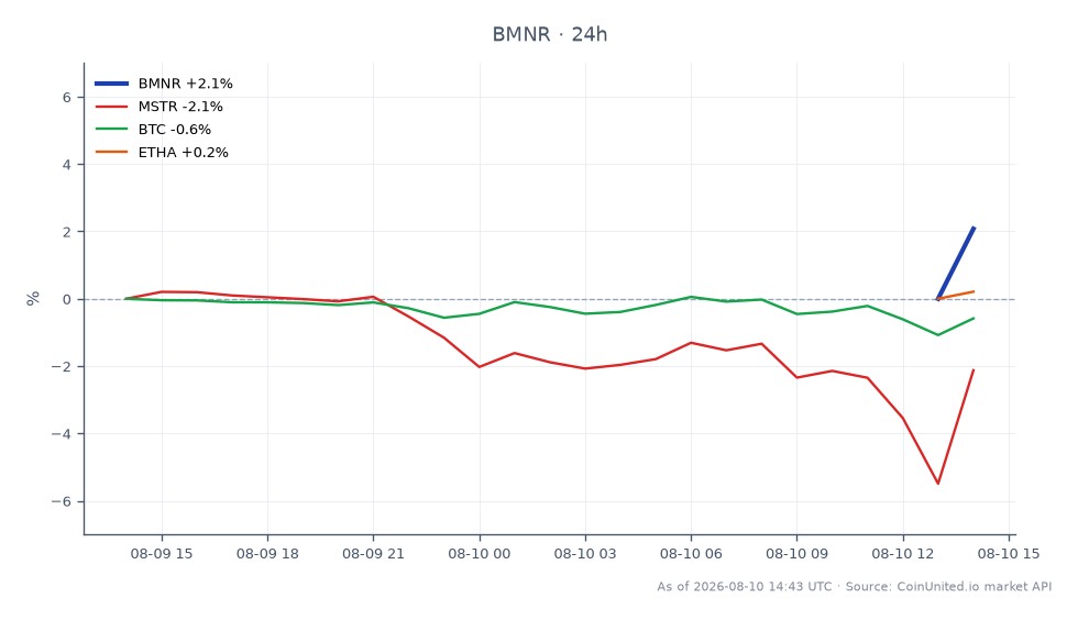 该图表展示了BitMine Immersion Technologies, Inc. (BMNR) 在过去24小时内的表现。BMNR以18.80美元开盘，收盘价略低于18.685美元，最高价为18.855美元，最低价为18.265美元，价值下跌0.61%。相比之下，相关资产表现各异：MicroStrategy Incorporated (MSTR) 下跌2.16%，比特币 (BTC) 下跌0.52%，以太坊 (ETHA) 小幅下跌0.28%。数据显示，在市场整体小幅下滑的情况下，BitMine的表现相对稳定，MSTR在相关资产中跌幅最大。