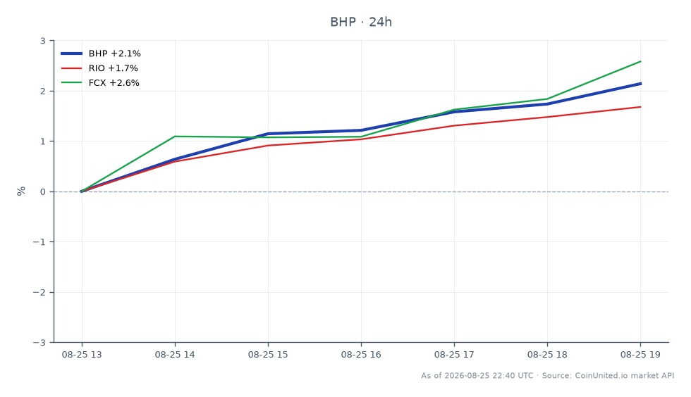 The chart displays the performance of BHP Group Limited (BHP) over the last 24 hours, showing an opening price of $96.14 and a closing price of $98.655, marking a 2.62% increase. The stock reached a high of $98.705 and a low of $96.125 during this period. In comparison, related stocks show varying performance: Rio Tinto Group (RIO) increased by 1.8%, while Freeport-McMoRan Inc. (FCX) had a notable gain of 3.83%. BHP's performance positions it as a strong performer among its peers, with FCX leading the gains in this comparison.