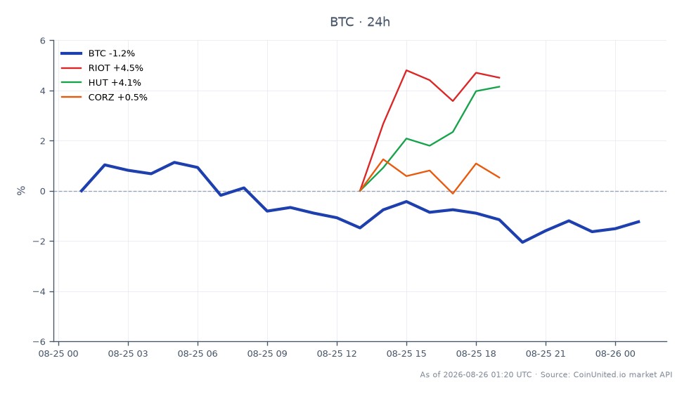 The chart illustrates Bitcoin's recent performance, showing an opening price of $79,706 and a closing price of $78,821, reflecting a decrease of 1.11% over the last 24 hours. The highest price reached during this period was $81,259, while the lowest was $77,811. In the related mining stocks, Riot Blockchain (RIOT) experienced a notable increase of 8.41%, while Hut 8 Mining (HUT) rose by 7.55%. Corz (CORZ) also showed a modest gain of 1.98%. The significant drop in Bitcoin's price may indicate stress in the market, particularly affecting leveraged traders, as they navigate the volatility associated with these movements. RIOT stands out as a leader among the related stocks, significantly outperforming its peers in the same timeframe.