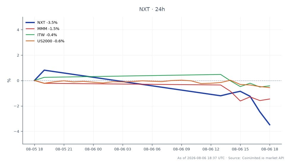 Le graphique affiche la performance de Nextracker Inc. (NXT) au cours des dernières 24 heures, montrant un prix d'ouverture de 98,53 $ et un prix de clôture de 95,675 $, résultant en une baisse de 2,9 %. L'action a atteint un sommet de 100,895 $ et un creux de 95,575 $ pendant cette période. En comparaison, les actions apparentées montrent des performances variables : 3M Company (MMM) a diminué de 1,53 %, Illinois Tool Works (ITW) a chuté de 0,3 %, et l'indice US Small Cap 2000 (US2000) a baissé de 0,82 %. La baisse significative de NXT le positionne comme le sous-performant parmi ses pairs, tandis que les autres actions apparentées ont affiché des baisses plus légères.