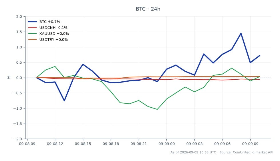 图表展示了比特币（BTC）与关键相关市场的近期表现。比特币开盘价为78,722美元，收盘价为79,093美元，最高触及79,734美元，最低跌至77,601美元，24小时涨幅为+0.47%。相比之下，人民币（USDCNH）小幅下跌-0.06%，黄金（XAUUSD）下跌-0.14%，土耳其里拉（USDTRY）小幅上涨+0.04%。数据显示，比特币表现出韧性和上涨动能，而黄金和人民币等其他资产表现落后。杠杆交易者应注意这些动向，因为它们可能影响交易策略。