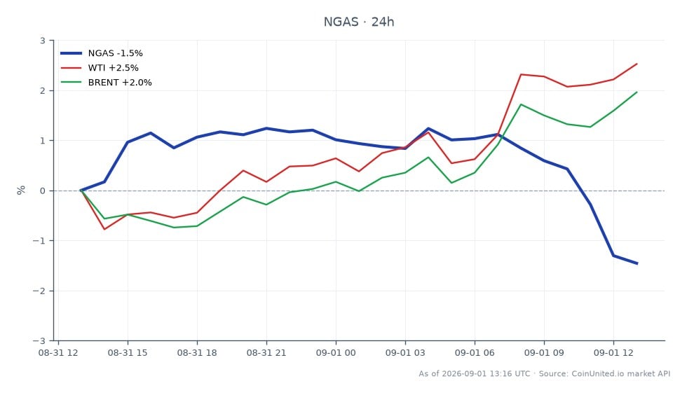 天然ガス(NGAS)の過去24時間のパフォーマンスを示すチャート。始値2.86955ドル、終値2.8575ドルで、0.42%のわずかな下落を示している。この期間の最高値は2.9476ドル、最安値は2.85725ドルで、比較的狭い取引レンジを示唆している。比較すると、関連商品ではプラスの動きが見られ、ウェスト・テキサス・インターミディエイト(WTI)は2.41%、ブレント原油は2.15%上昇した。このデータは、天然ガスが小幅な後退を経験した一方で、原油市場はより強い上昇モメンタムを示しており、WTIとブレントがこのクロスマーケット分析における明確なリーダーであることを示唆している。