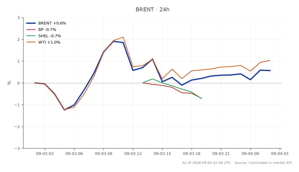 图表显示布伦特原油（代码：BRENT）过去24小时的表现，开盘价为95.765美元，收盘价为95.95美元。最高价达到97.49美元，最低价为93.955美元，涨跌幅为+0.19%。相比之下，相关股票表现各异：英国石油（BP）下跌-0.79%，壳牌（SHEL）下跌-0.43%，而WTI（西德克萨斯中质原油）上涨+0.64%。这表明尽管布伦特原油保持稳定，但英国石油和壳牌的表现落后，可能反映了市场对米莱马岛制裁相关地缘政治紧张局势的反应。杠杆交易员应注意这些动向以制定潜在交易策略。