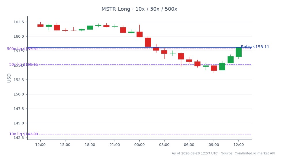 图表展示了 MicroStrategy Inc (MSTR) 过去 24 小时的表现，开盘价为 162.055 美元，收盘价为 158.11 美元，跌幅为 2.43%。在此期间，该股票触及高点 162.445 美元，低点 153.765 美元，显示市场波动性。在杠杆交易方面，以 158.11 美元的入场价建立了多头头寸，杠杆倍数分别为 10 倍、50 倍和 500 倍。此策略已投入 1.43 亿美元购得 1,665 枚比特币，可能对加密货币和股票市场产生影响。MSTR 的表现可能成为当前市场情景中的滞后指标，反映了杠杆交易和跨市场动态的广泛趋势。