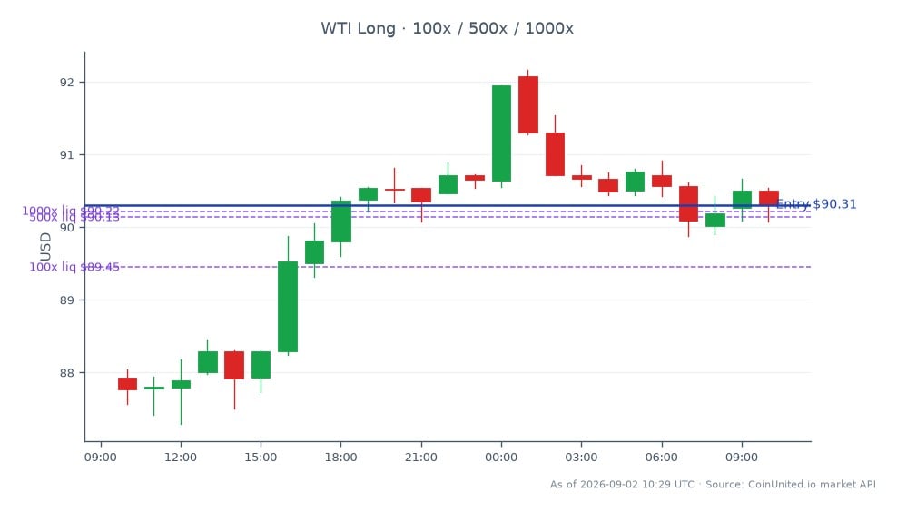Das Diagramm zeigt die Performance von WTI Light Crude Oil in den letzten 24 Stunden. Es eröffnete bei 87,925 $ und schloss bei 90,305 $, was einem deutlichen Anstieg von 2,71 % entspricht. Der Höchstpreis in diesem Zeitraum lag bei 92,165 $, während der Tiefstpreis 87,295 $ betrug. Das Diagramm enthält 25 Candlesticks, die die Handelsaktivität und Preisschwankungen auf dem Rohstoffmarkt widerspiegeln. Für den gehebelten Handel wurde eine Long-Position bei 90,305 $ eingegangen, mit Stufen von 100 $, 500 $ und 1000 $. Dies deutet auf einen strategischen Ansatz hin, um von der Aufwärtsbewegung der Ölpreise zu profitieren, wobei die potenziellen Liquidationspreise vom verwendeten Hebel abhängen.