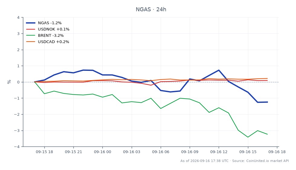 The chart displays the performance of Natural Gas (NGAS) over the last 24 hours, showing an opening price of $3.04705 and a closing price of $3.011, reflecting a decrease of 1.18%. The highest price reached was $3.0885, while the lowest was $3.00745, indicating a relatively stable trading range. In the context of related markets, the USDNOK currency pair saw a slight increase of 0.13%, while Brent crude oil prices dropped by 2.94%. The USDCAD pair also experienced a modest rise of 0.22%. Overall, Natural Gas is the primary focus, showing a decline, while Brent is the notable laggard among the related assets.