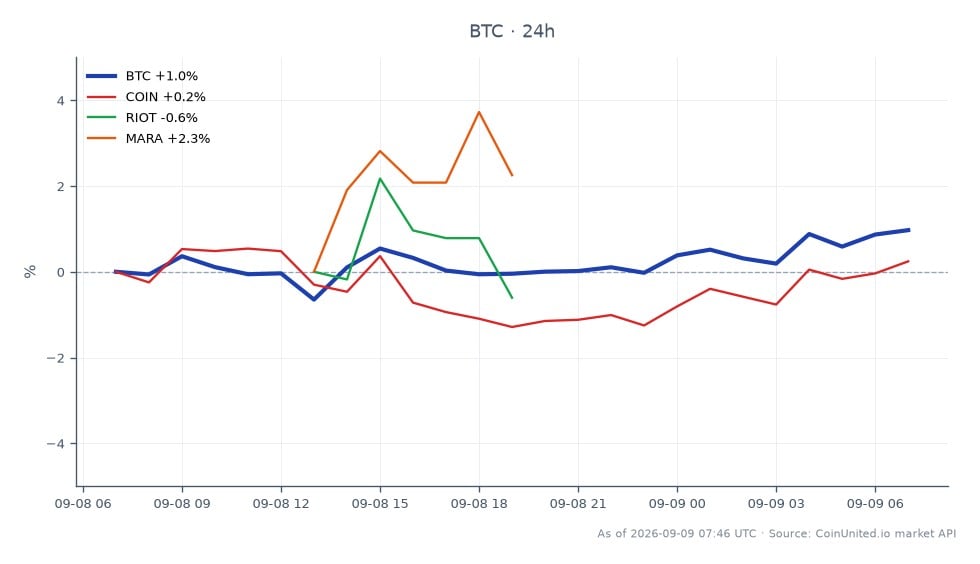 图表展示了比特币（BTC）在24小时内的表现，开盘价为78,291美元，收盘价为79,206美元，价格上涨1.17%。期间最高价触及79,376美元，最低价为77,601美元。相比之下，相关股票表现各异：Coinbase (COIN)上涨0.38%，Riot Blockchain (RIOT)上涨1.39%，而Marathon Digital Holdings (MARA)以显著的5.92%涨幅领跑。这些数据突显了比特币在相关股票表现不一的情况下相对稳定的增长，其中MARA在这次跨市场比较中明显领先。