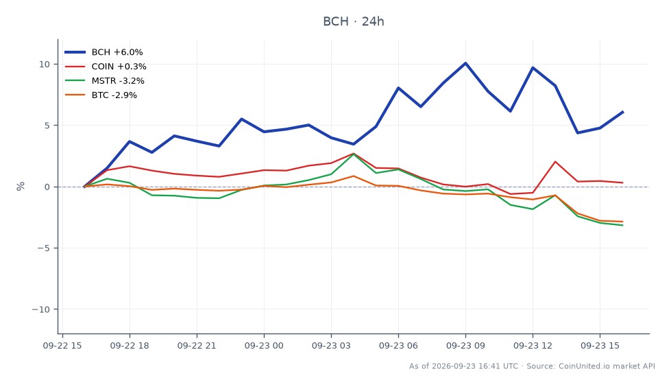 Der Chart zeigt die Performance von Bitcoin Cash (BCH) über einen Zeitraum von 24 Stunden, mit einem Eröffnungskurs von 328,40 $ und einem Schlusskurs von 347,10 $, was einem deutlichen Anstieg von 5,69 % entspricht. Der Höchstpreis lag bei 366,30 $, während der Tiefstpreis 318,00 $ betrug, was auf Volatilität während der Handelssitzung hindeutet. Im Gegensatz dazu zeigten verwandte Vermögenswerte unterschiedliche Leistungen: Coinbase (COIN) verzeichnete einen leichten Rückgang von 0,08 %, MicroStrategy (MSTR) fiel um 3,71 % und Bitcoin (BTC) sank um 2,84 %. Diese Daten unterstreichen BCH als herausragenden Performer unter seinen Mitbewerbern und machen es zu einem Brennpunkt für gehebelte Trader, die nach Möglichkeiten im aktuellen Marktumfeld suchen.