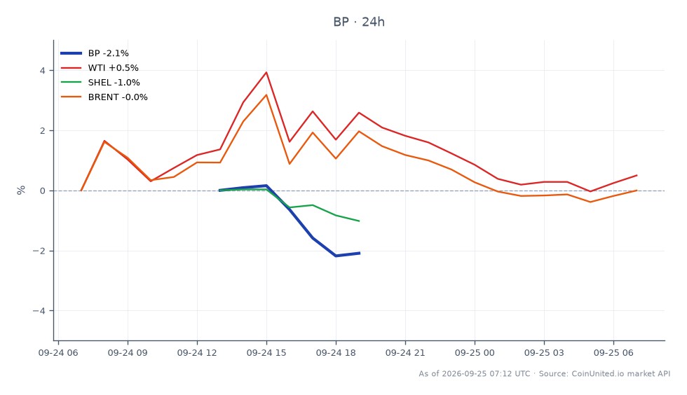The chart illustrates the performance of BP p.l.c. (symbol: BP) over the last 24 hours, showing an opening price of $44.915 and a closing price of $44.395, resulting in a percentage change of -1.16%. The highest price reached during this period was $45.545, while the lowest was $44.095, indicating a range of $1.45. In comparison, related markets show WTI crude oil increasing by 0.66%, Shell (SHEL) decreasing by 0.47%, and Brent crude oil rising by 0.38%. BP's decline contrasts with the slight gains in the oil markets, positioning BP as a laggard among its peers in this timeframe.