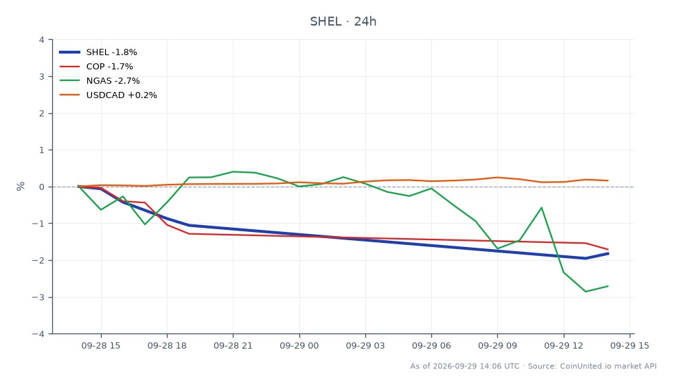 The chart displays the performance of Shell PLC (SHEL) over the past 24 hours, showing an opening price of $97.275 and a closing price of $95.685, resulting in a decrease of 1.63%. The stock reached a high of $97.625 and a low of $94.705 during this period, with a total of 8 candles represented. In comparison, related assets show varying performance: ConocoPhillips (COP) decreased by 2.27%, while Natural Gas (NGAS) fell by 2.73%. The USDCAD currency pair experienced a slight increase of 0.15%. Overall, SHEL stands out as a laggard in this cross-market analysis, reflecting a significant drop in value amidst broader market movements.
