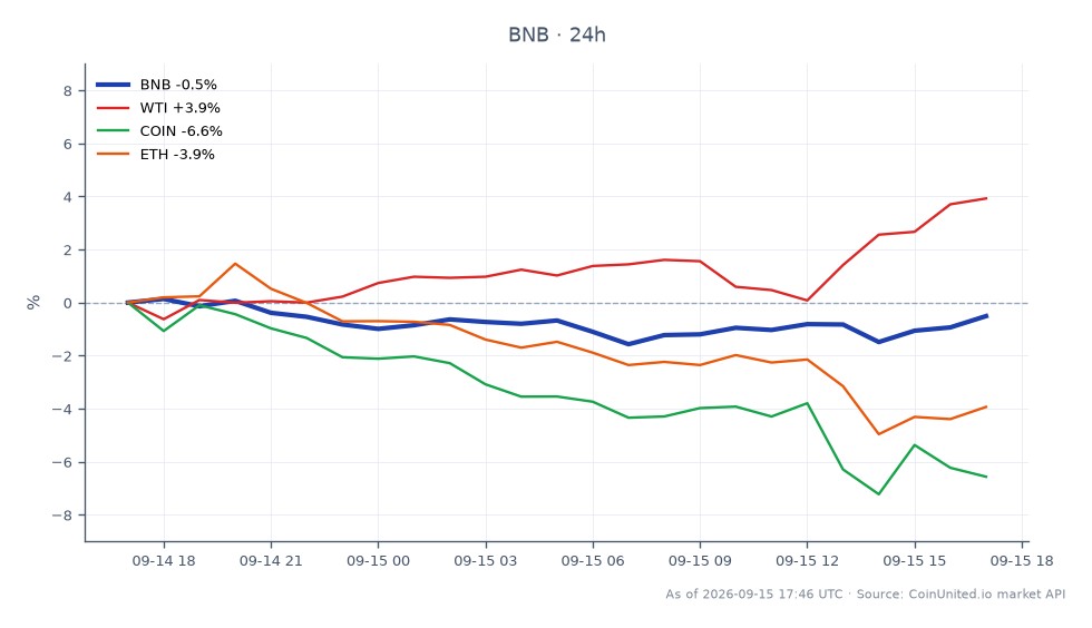過去24時間のバイナンスコイン（BNB）のパフォーマンスを示すチャート。始値725.30ドル、終値723.10ドルで、0.3%の下落を示しています。期間中の最高値は734.10ドル、最安値は711.70ドルでした。比較対象として、関連資産のパフォーマンスはまちまちです。ウェストテキサス・インターミディエイト（WTI）原油は4.26%上昇した一方、コインベース（COIN）とイーサリアム（ETH）はそれぞれ6.36%、3.76%下落しました。これは、BNBがわずかに下落したのに対し、WTIがこのクロスマーケット分析で明確なリーダーとなったことを示しており、722.70ドル付近のBNBにおけるレバレッジ取引のリスクゾーンとボラティリティを浮き彫りにしています。