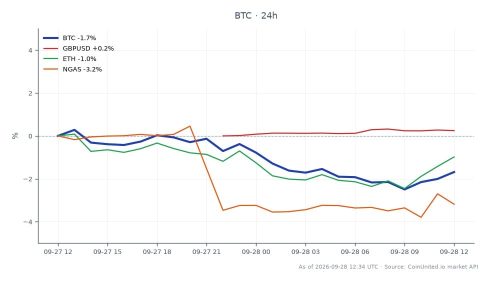 比特币（BTC）在欧洲交易时段的表现图，开盘价为 84,865.0，收盘价为 83,326.0，在过去 24 小时内下跌了 1.81%。价格在 85,129.0 的高点和 82,556.0 的低点之间波动，表明加密货币市场波动性。相比之下，英镑兑美元（GBPUSD）汇率小幅上涨 0.19%，而以太坊（ETH）下跌 1.08%。天然气（NGAS）跌幅最大，下跌 3.29%，成为本次跨资产分析中的落后者。这些数据突显了不同资产类别之间的反向走势，比特币和以太坊均呈下跌趋势，而英镑兑美元保持稳定。